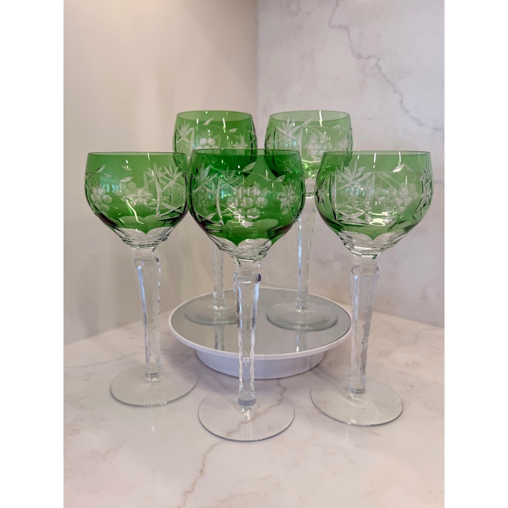 5x Vintage Dresden German Crystal Cut-to-Green Traube Wine Hock Glasses - AS IS
